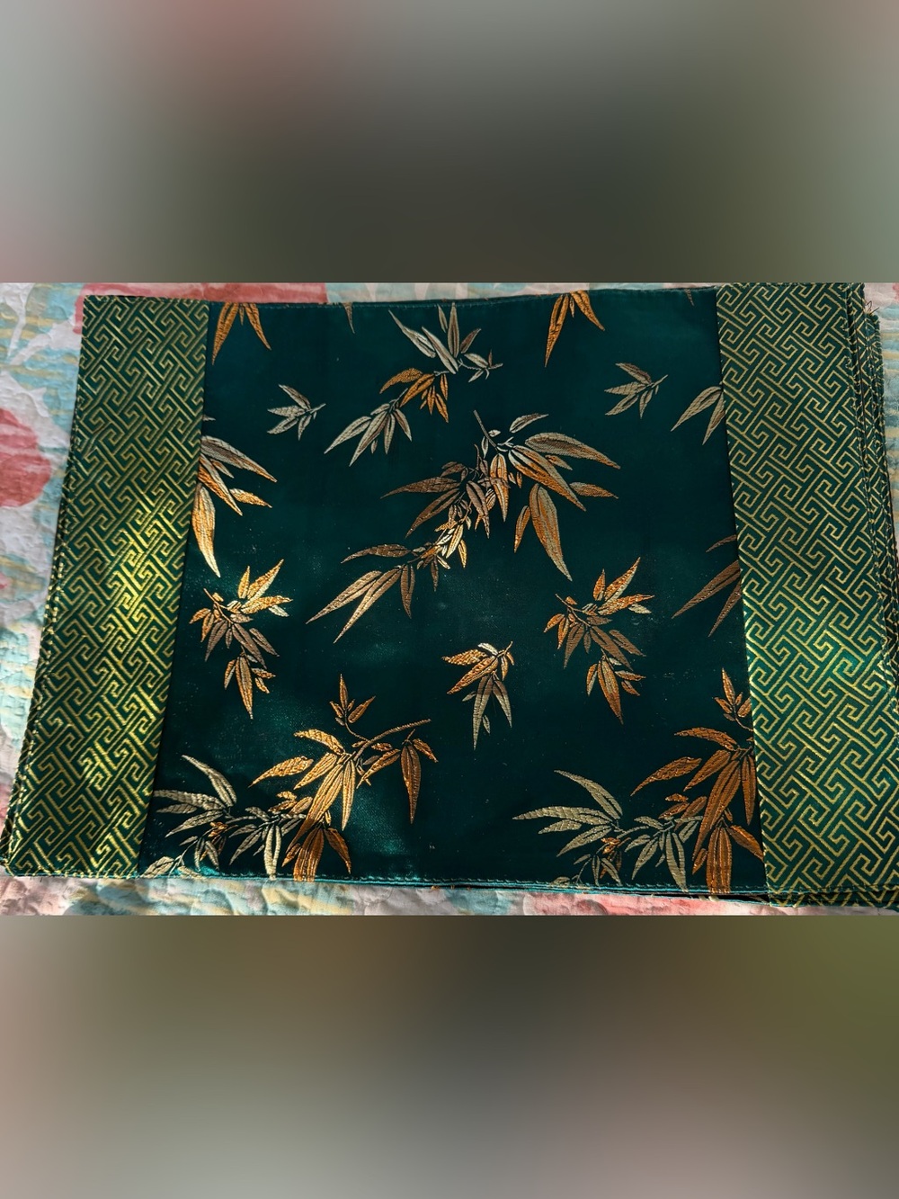 Emerald Green and Gold Silk Table Settings-Set 6 Metallic Gold Bamboo Motif